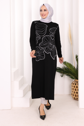 Simli Çiçek İşleme Detaylı Triko Tunik 18191 Siyah-Gümüş - Bym Fashion