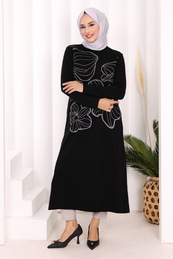Simli Çiçek İşleme Detaylı Triko Tunik 18191 Siyah-Gümüş - 2