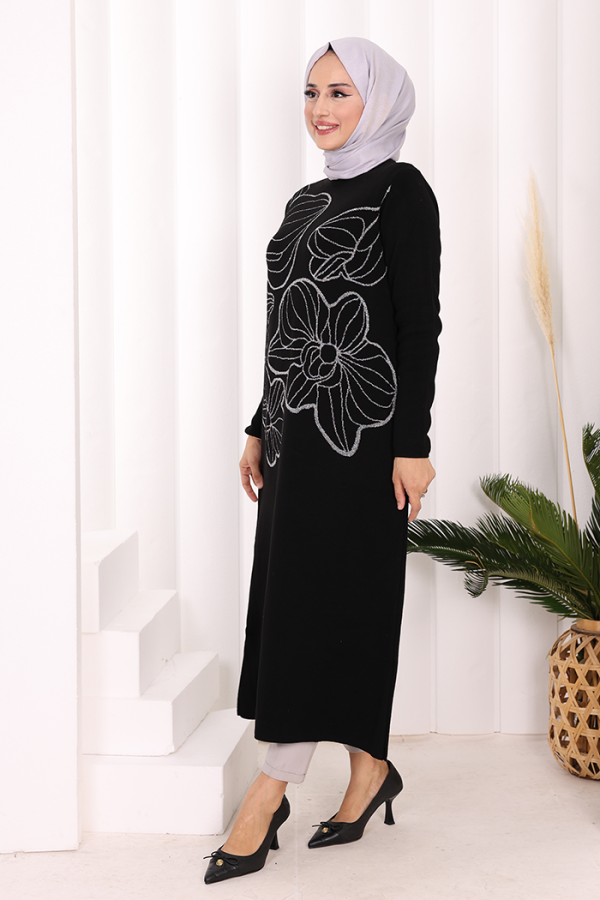 Simli Çiçek İşleme Detaylı Triko Tunik 18191 Siyah-Gümüş - 3