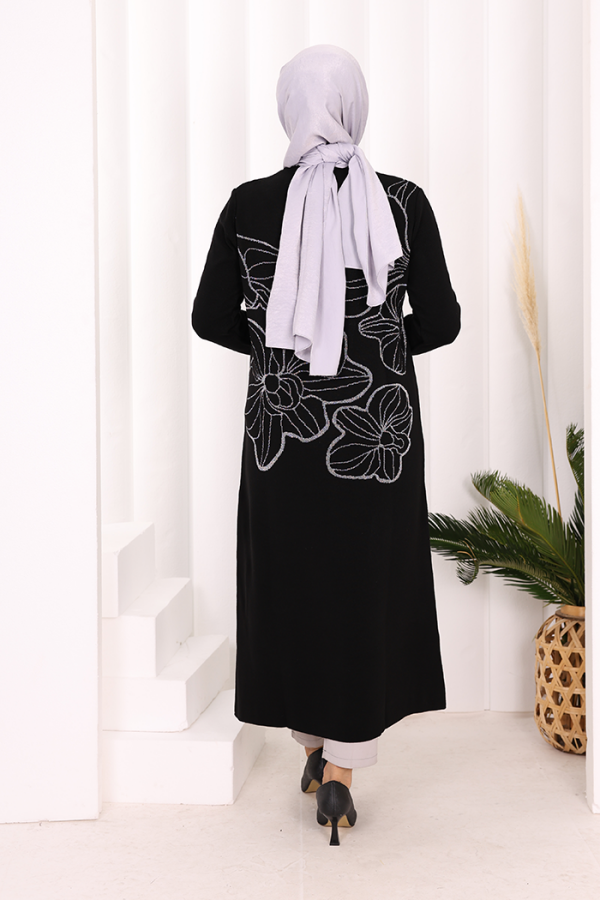 Simli Çiçek İşleme Detaylı Triko Tunik 18191 Siyah-Gümüş - 4
