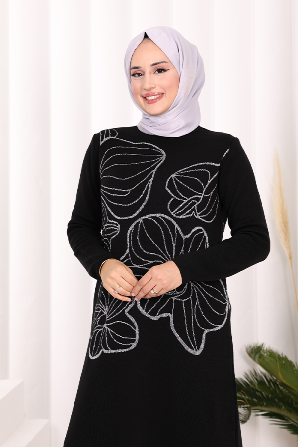 Simli Çiçek İşleme Detaylı Triko Tunik 18191 Siyah-Gümüş - 5