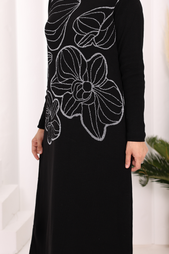 Simli Çiçek İşleme Detaylı Triko Tunik 18191 Siyah-Gümüş - 6