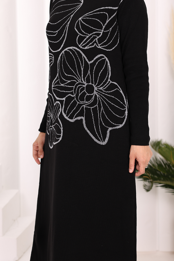 Simli Çiçek İşleme Detaylı Triko Tunik 18191 Siyah-Gümüş - 6