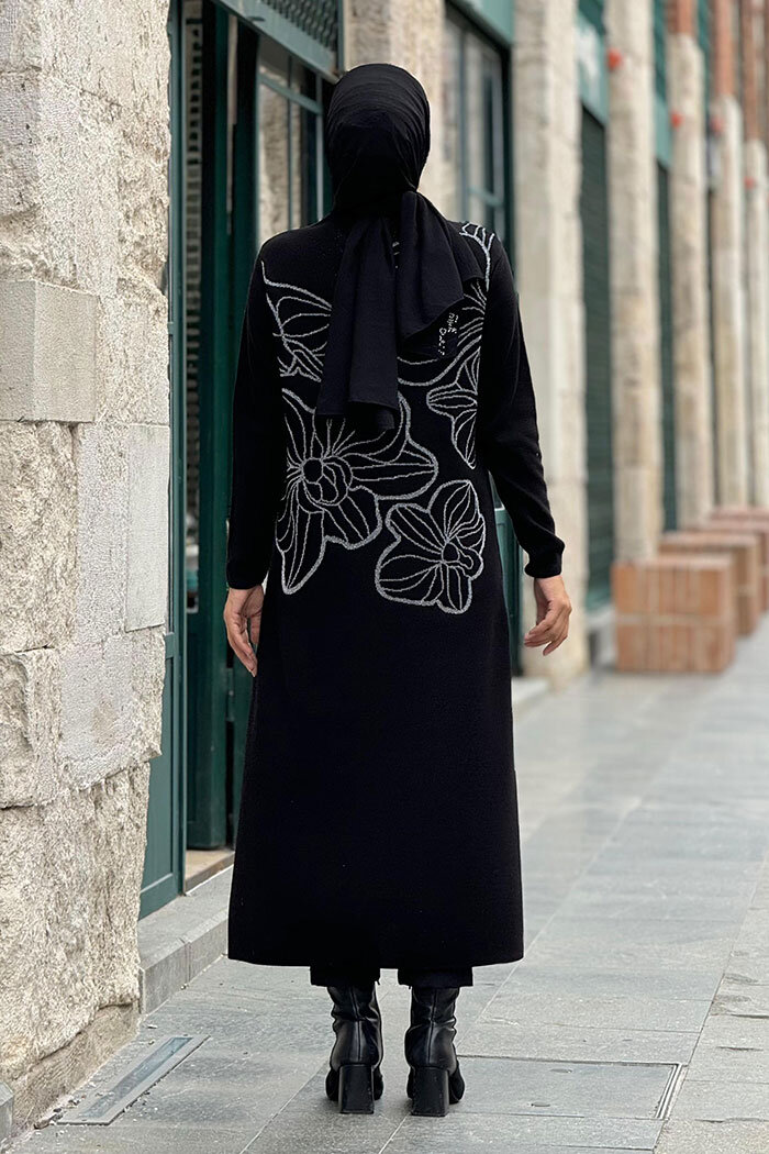 Simli Çiçek İşleme Detaylı Triko Tunik 18191 Siyah-Gümüş - 3