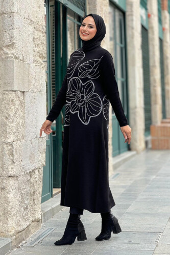 Simli Çiçek İşleme Detaylı Triko Tunik 18191 Siyah-Gümüş - 5