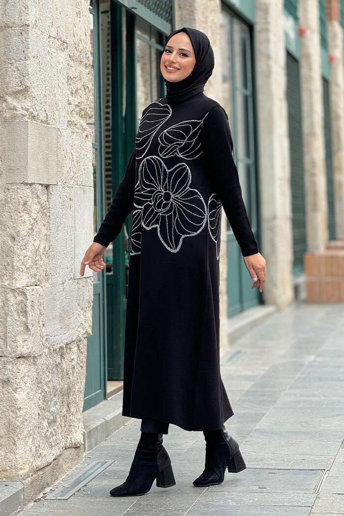 Simli Çiçek İşleme Detaylı Triko Tunik 18191 Siyah-Gümüş - 5
