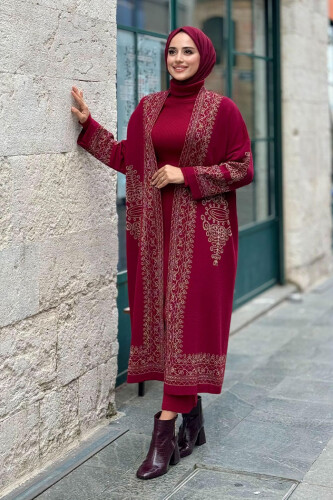 Simli Etnik Desen İşleme Detaylı Triko Hırka 18189 Bordo-Gold 