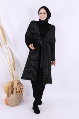 Simli Fitilli Uzun Hırka 17039 Siyah - Bym Fashion