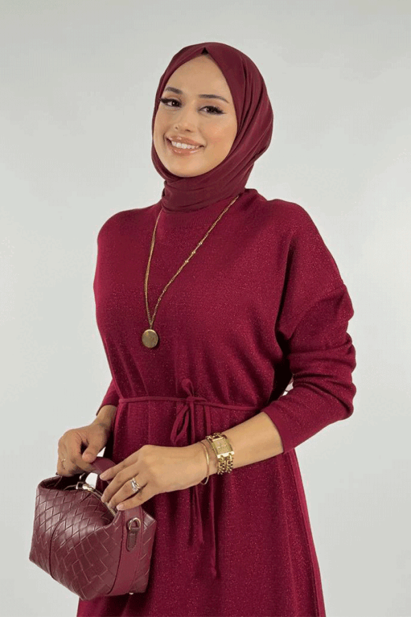 Simli Triko Elbise 18315 Bordo - 4