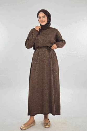 Simli Triko Elbise 18315 Kahverengi - Bym Fashion