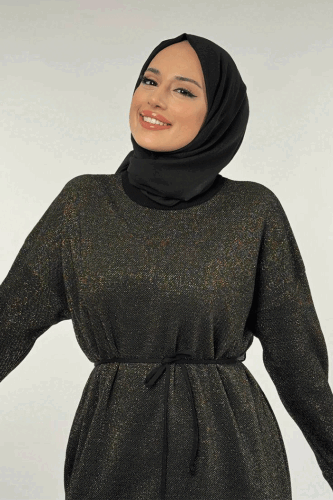 Simli Triko Elbise 18315 Siyah-Gold - 4