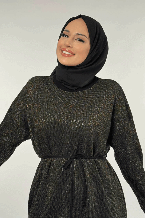 Simli Triko Elbise 18315 Siyah-Gold - 4