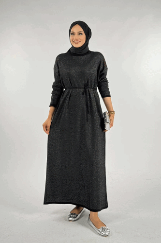 Simli Triko Elbise 18315 Siyah-Gümüş - Bym Fashion