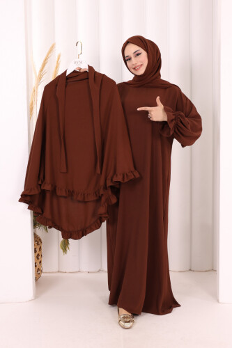 Sufleli Namaz Elbisesi 6034 Kahverengi