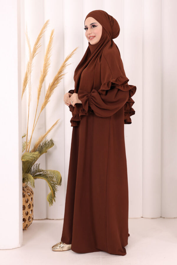 Sufleli Namaz Elbisesi 6034 Kahverengi - 4