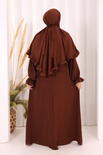 Sufleli Namaz Elbisesi 6034 Kahverengi - 5