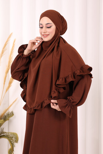 Sufleli Namaz Elbisesi 6034 Kahverengi - 6