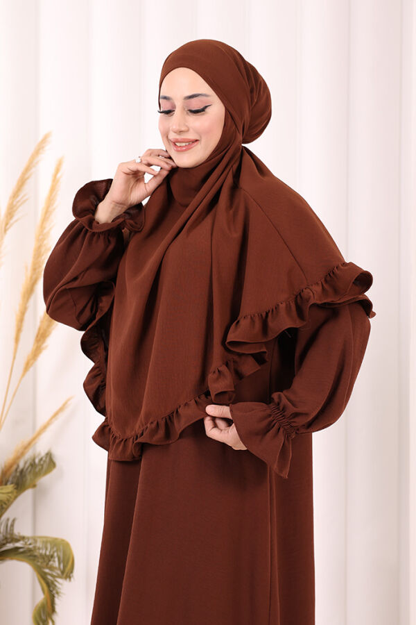 Sufleli Namaz Elbisesi 6034 Kahverengi - 6
