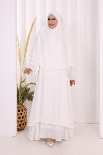 Sufleli, Şallı Elbise Üçlü Takım 3951 Ekru - 3