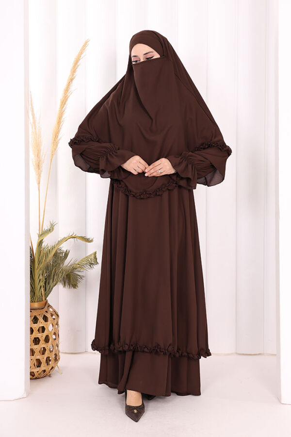 Sufleli, Şallı Elbise Üçlü Takım 3951 Kahverengi - 1