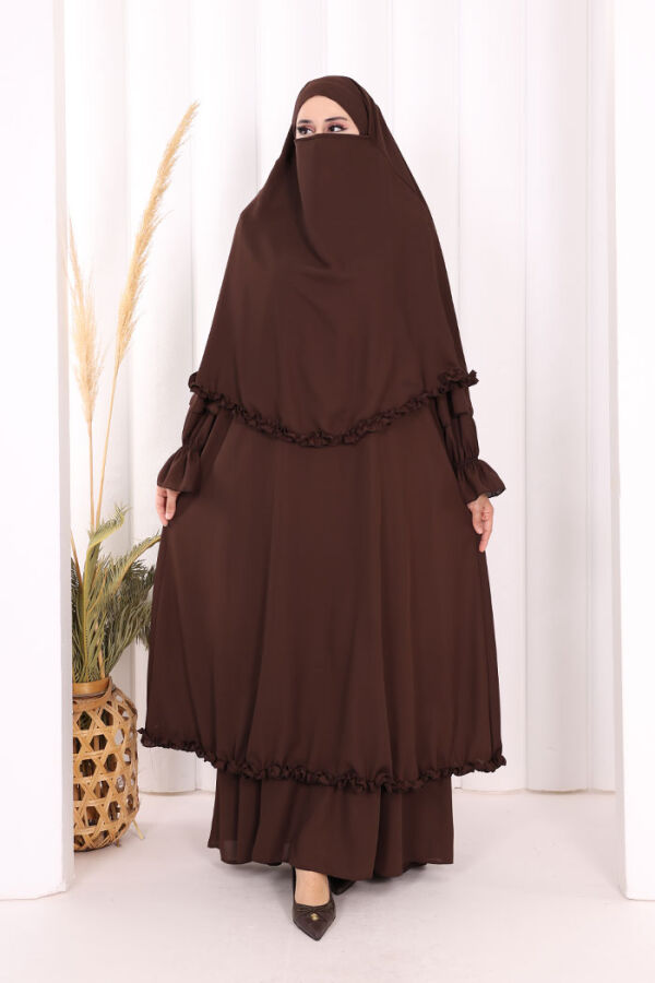 Sufleli, Şallı Elbise Üçlü Takım 3951 Kahverengi - 2