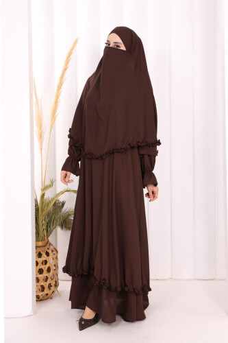 Sufleli, Şallı Elbise Üçlü Takım 3951 Kahverengi - 3