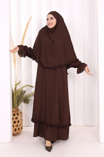 Sufleli, Şallı Elbise Üçlü Takım 3951 Kahverengi - 5