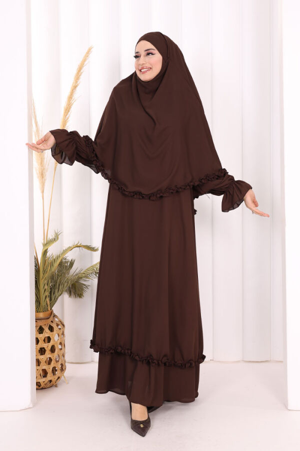 Sufleli, Şallı Elbise Üçlü Takım 3951 Kahverengi - 5