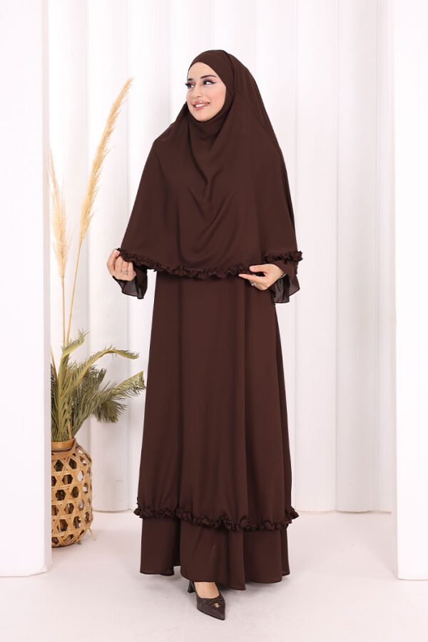 Sufleli, Şallı Elbise Üçlü Takım 3951 Kahverengi - 6