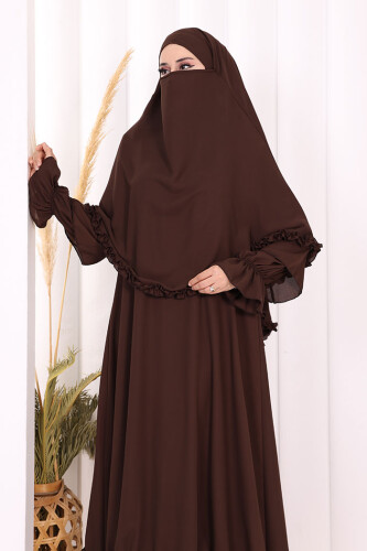 Sufleli, Şallı Elbise Üçlü Takım 3951 Kahverengi - 7