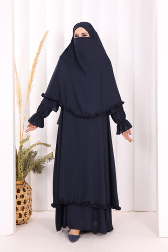 Sufleli, Şallı Elbise Üçlü Takım 3951 Lacivert