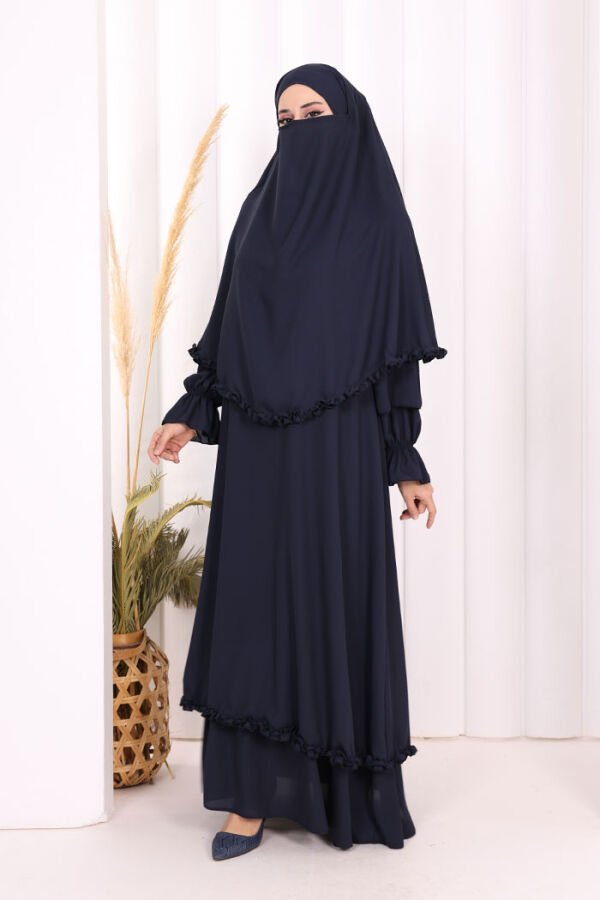 Sufleli, Şallı Elbise Üçlü Takım 3951 Lacivert - 3