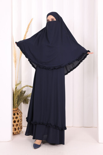Sufleli, Şallı Elbise Üçlü Takım 3951 Lacivert - 5