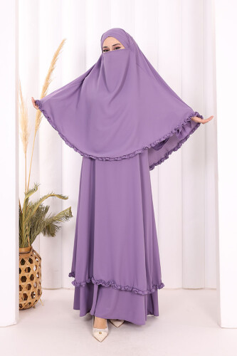 Sufleli, Şallı Elbise Üçlü Takım 3951 Lila