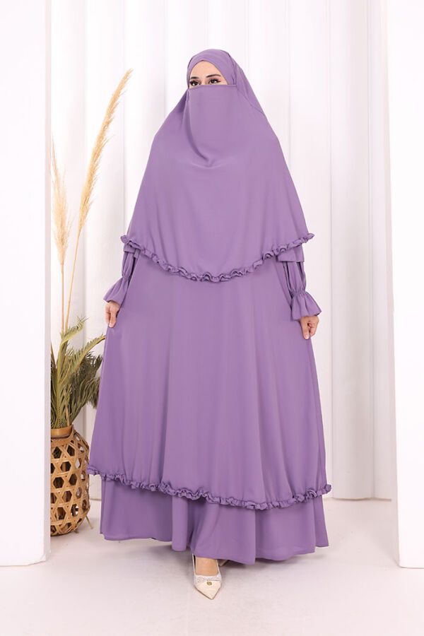 Sufleli, Şallı Elbise Üçlü Takım 3951 Lila - 2