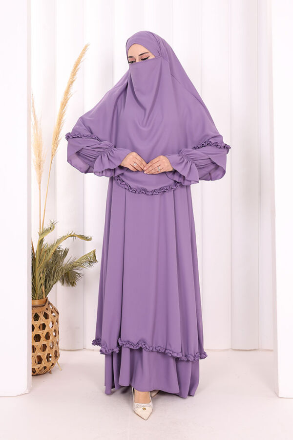 Sufleli, Şallı Elbise Üçlü Takım 3951 Lila - 3