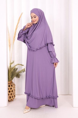 Sufleli, Şallı Elbise Üçlü Takım 3951 Lila - 5