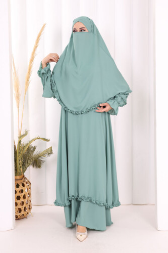 Sufleli, Şallı Elbise Üçlü Takım 3951 Mint - 2