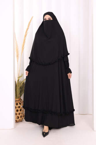 Sufleli, Şallı Elbise Üçlü Takım 3951 Siyah