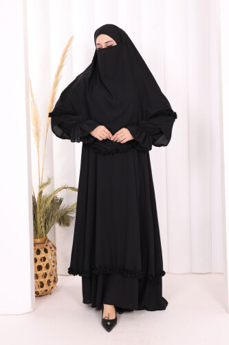 Sufleli, Şallı Elbise Üçlü Takım 3951 Siyah - 2