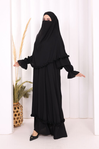 Sufleli, Şallı Elbise Üçlü Takım 3951 Siyah - 3