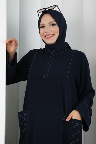 Süs Dikişli Şallı Elbise 7015 Lacivert - 4