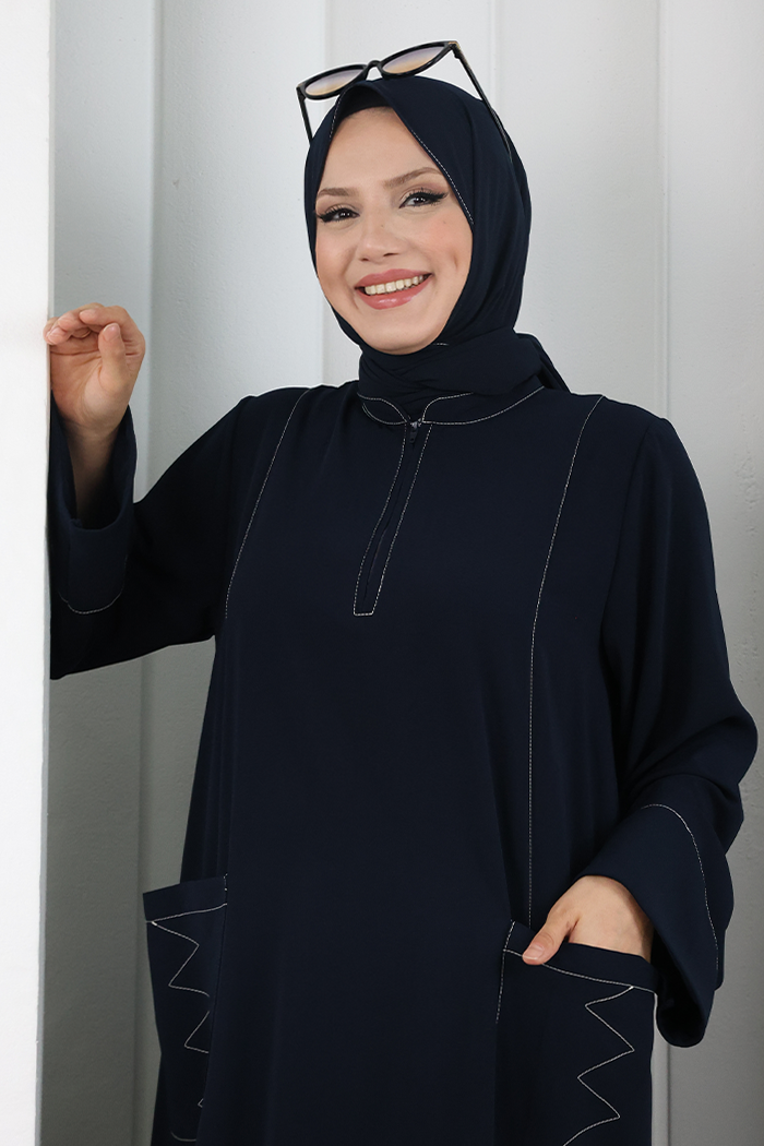 Süs Dikişli Şallı Elbise 7015 Lacivert - 4