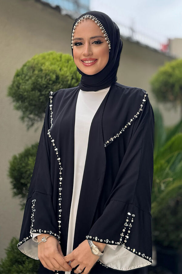 Taş Detaylı Abaya 70007 Siyah - 4