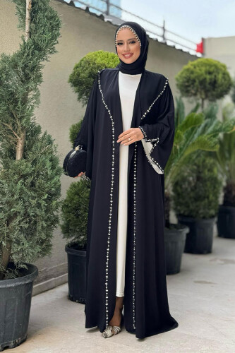 Taş Detaylı Abaya 70007 Siyah - Bym Fashion