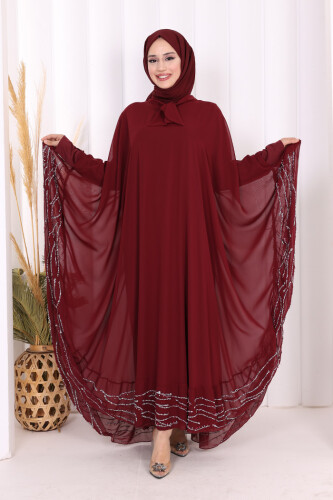 Taş Detaylı Abayalı Elbise Takım 3927 Bordo - Bym Fashion