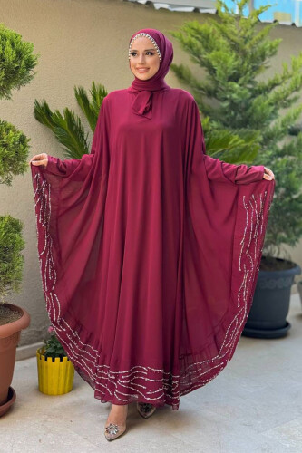 Taş Detaylı Abayalı Elbise Takım 3927 Bordo 