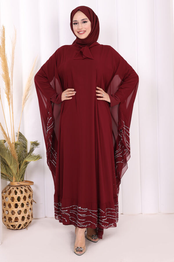 Taş Detaylı Abayalı Elbise Takım 3927 Bordo - 2