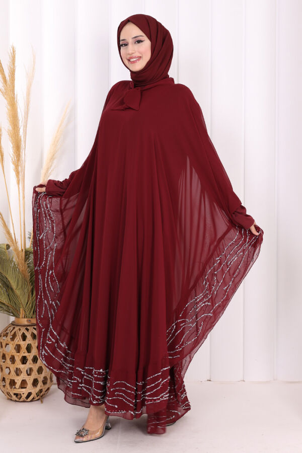 Taş Detaylı Abayalı Elbise Takım 3927 Bordo - 4