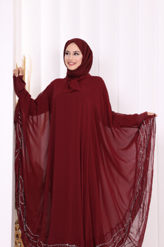 Taş Detaylı Abayalı Elbise Takım 3927 Bordo - 6